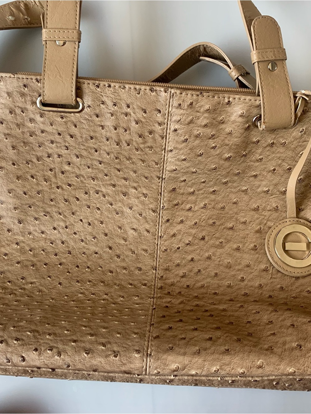 Elizabeth Grant Faux Ostrich Embossed Large Tote Bag Beige Taupe Shoulder Bag